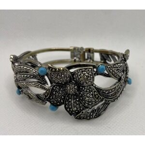 Vtg silver tone‎ Floral Cuff Bracelet blue beads flower leaves Marcasite style